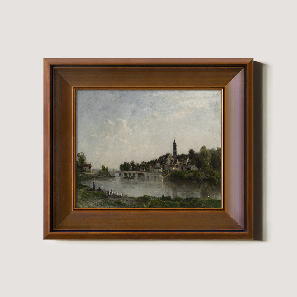 Serene Riverside Village with Arched Bridge and Tower