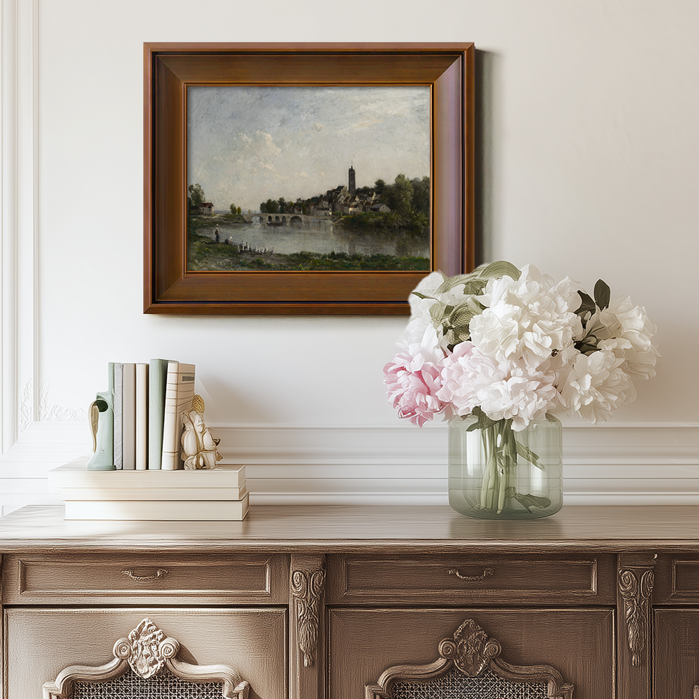 Serene Riverside Village with Arched Bridge and Tower