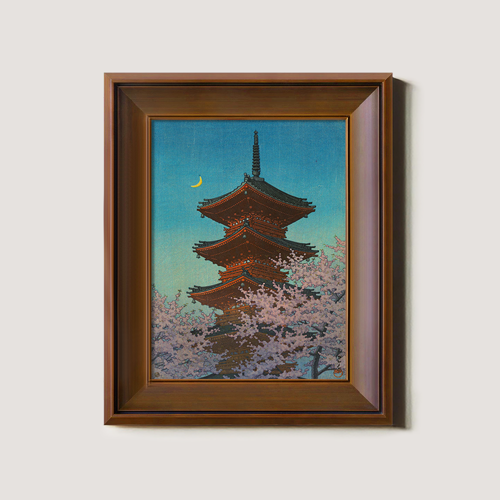Pagoda under Crescent Moon and Cherry Blossoms