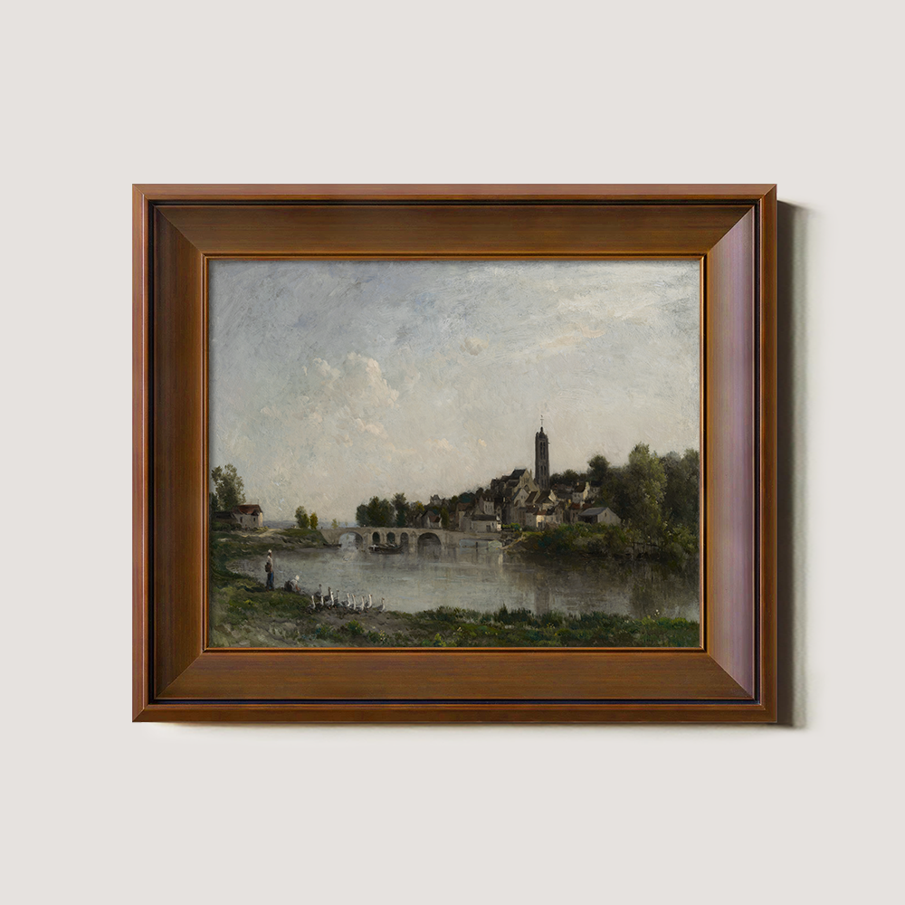 Serene Riverside Village with Arched Bridge and Tower