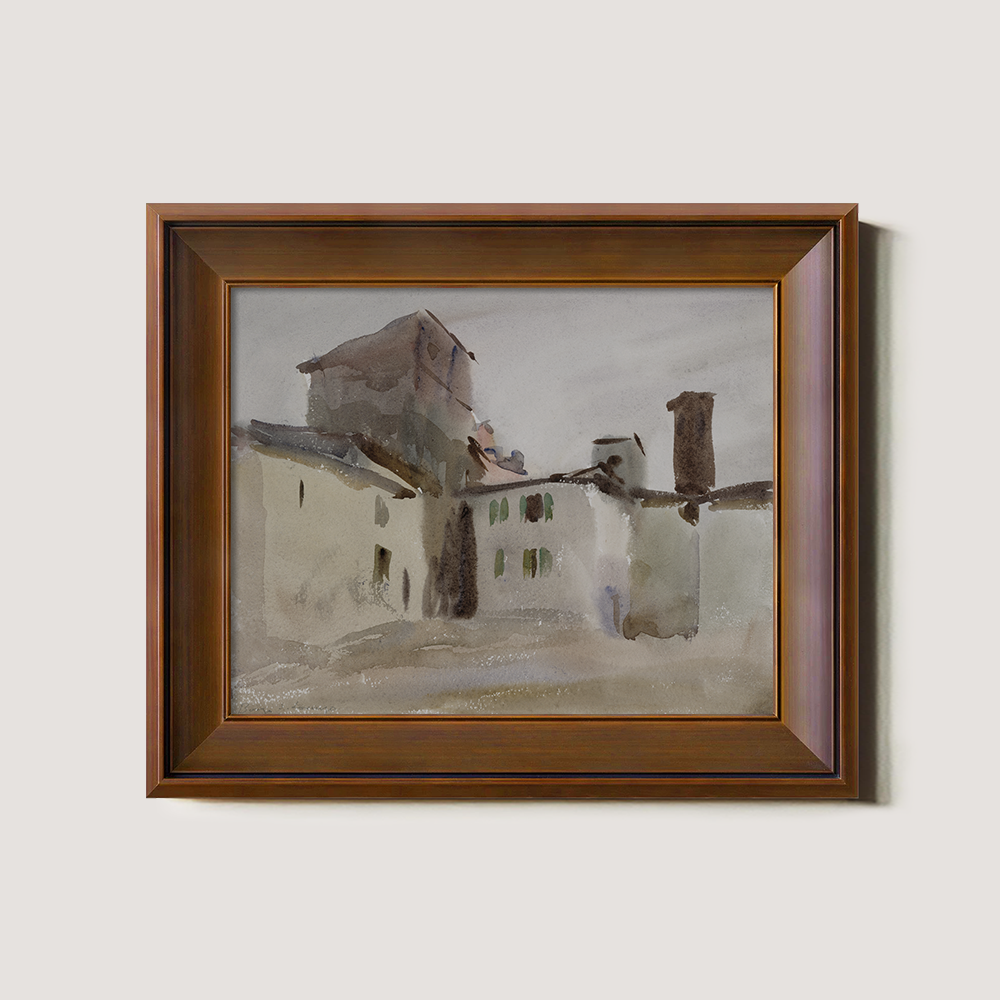 Rustic Tuscan Rooftops Watercolor Vignette