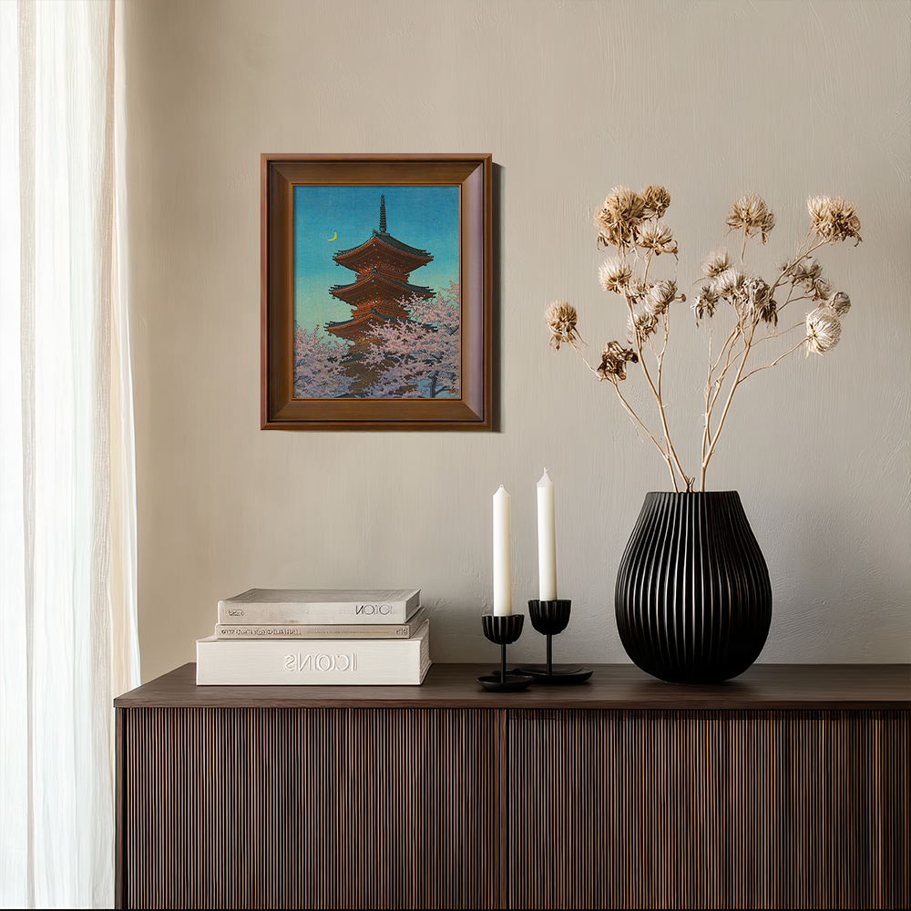 Pagoda under Crescent Moon and Cherry Blossoms