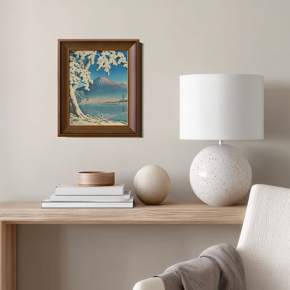 Snowy Tree Framing Mount Fuji across Lake