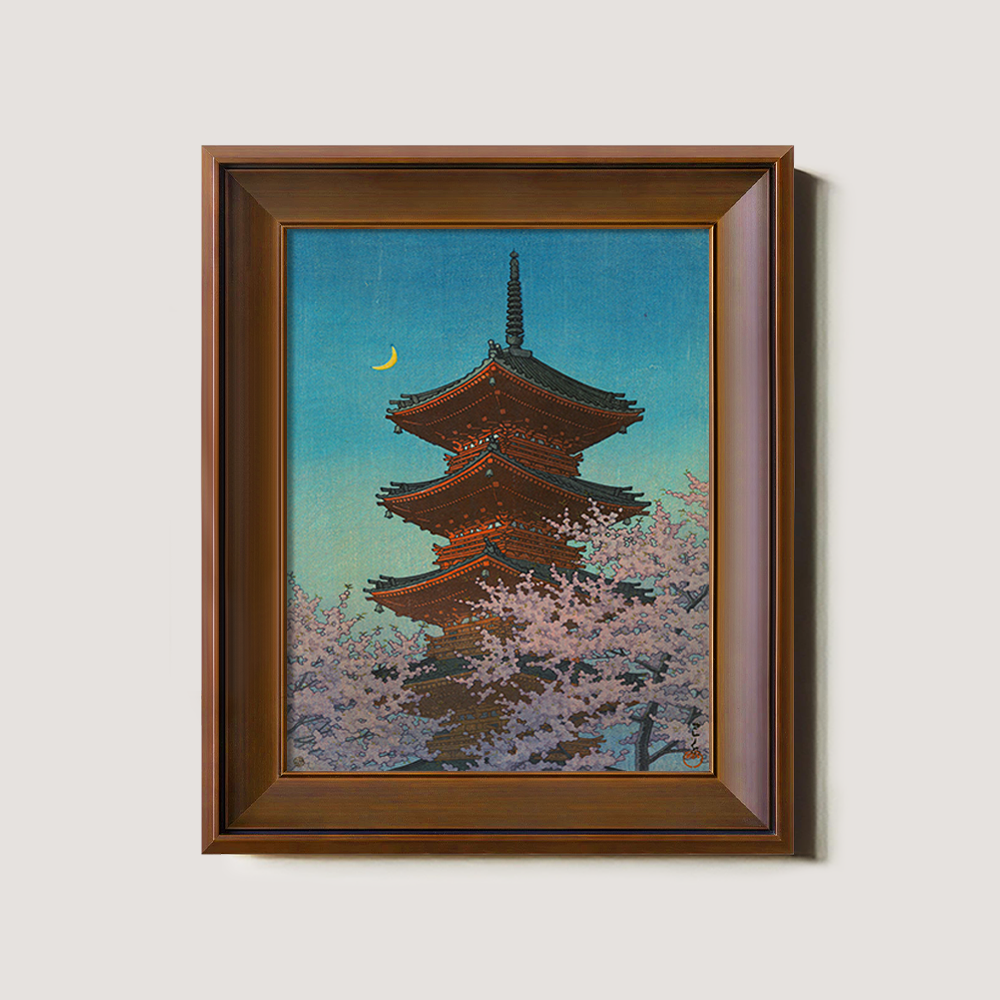 Pagoda under Crescent Moon and Cherry Blossoms