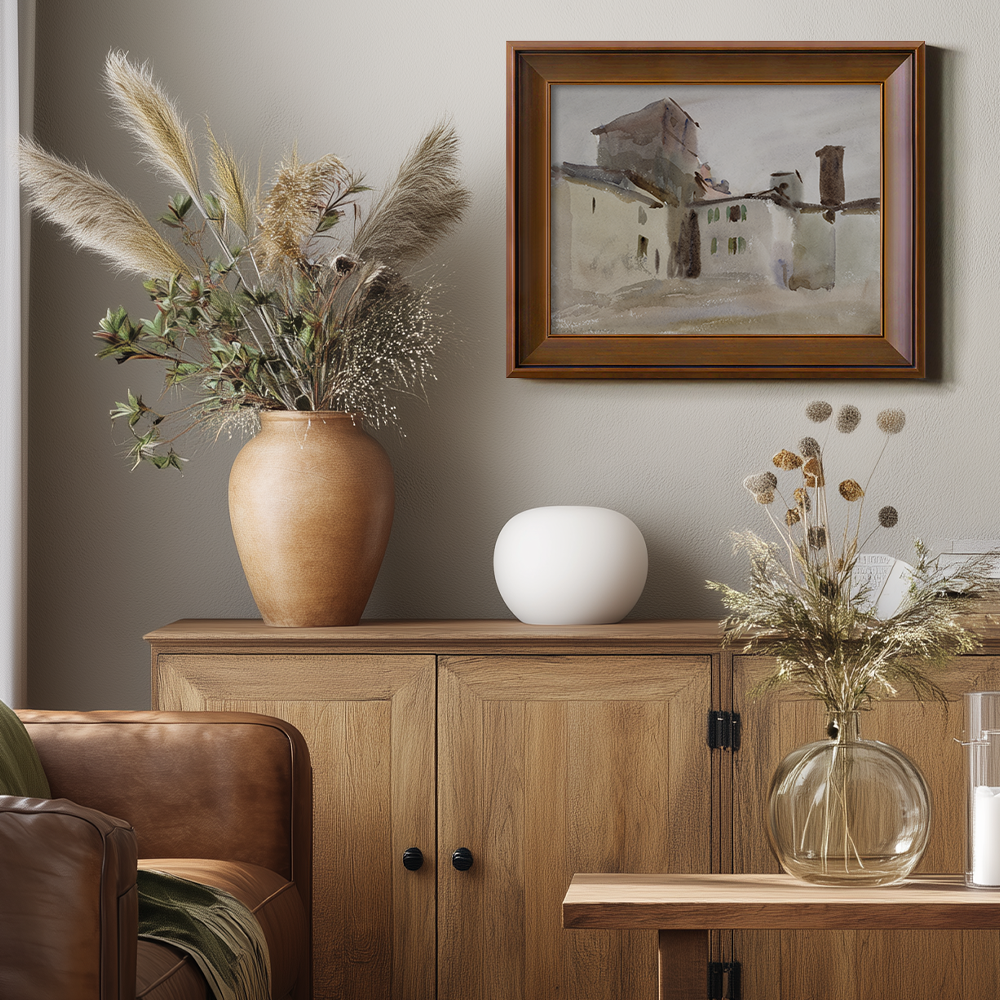 Rustic Tuscan Rooftops Watercolor Vignette