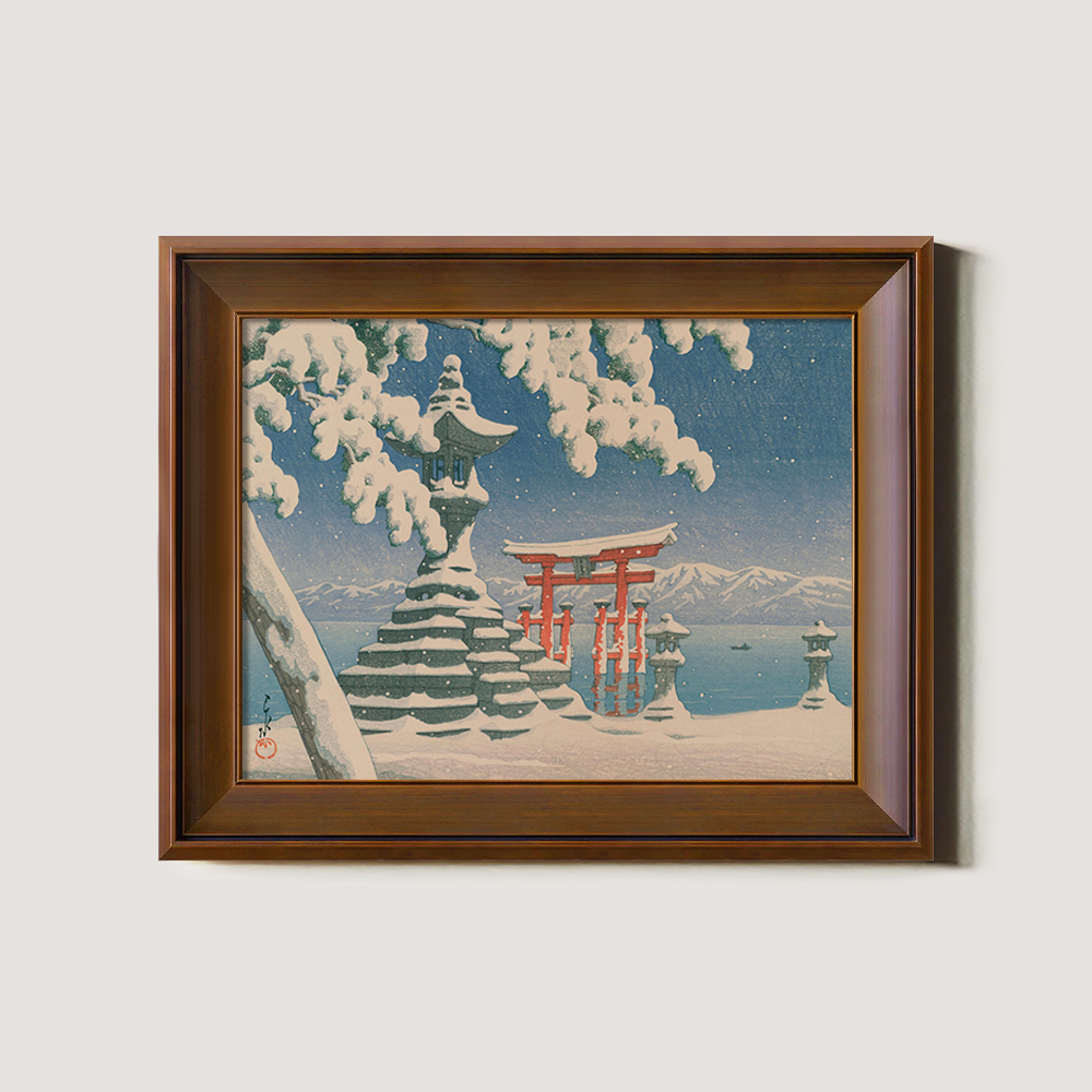 Winter View of Itsukushima Torii and Stone Lantern