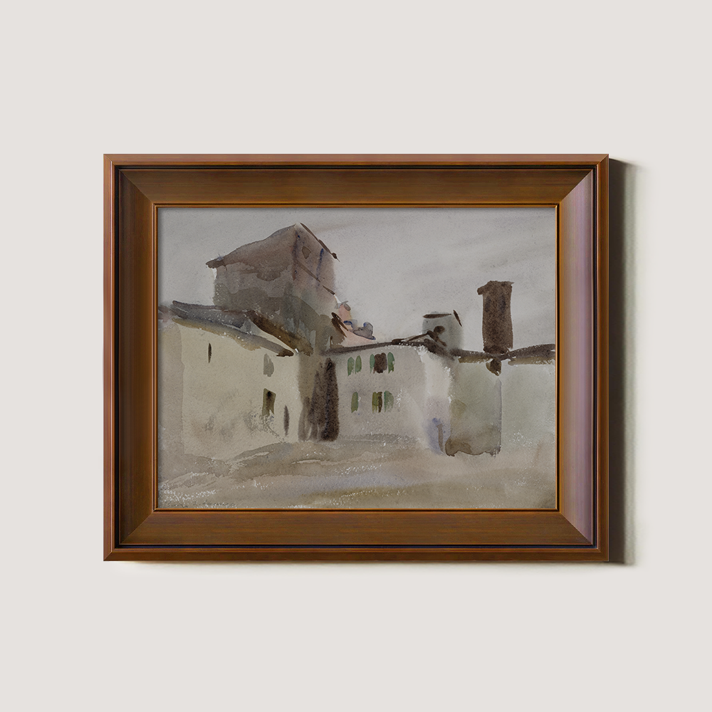 Rustic Tuscan Rooftops Watercolor Vignette