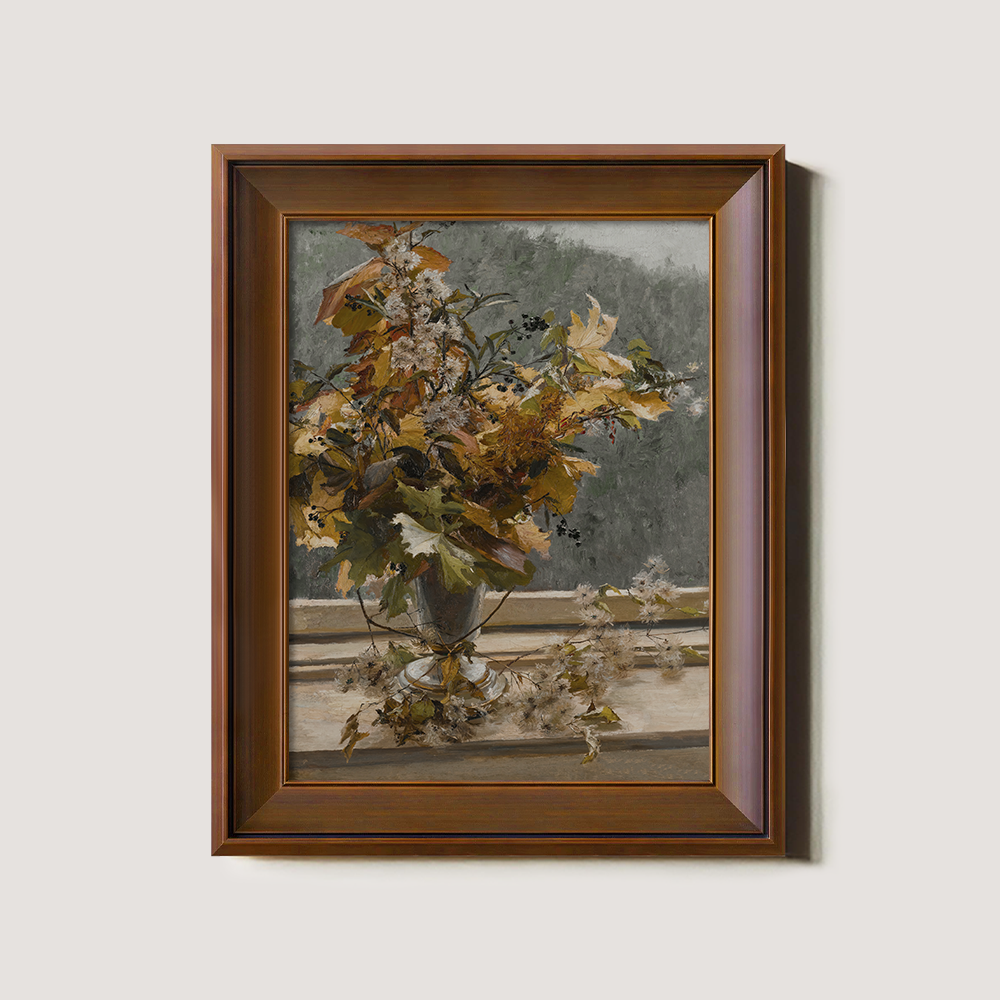 Autumnal Foliage Bouquet with Berries in Silver Urn