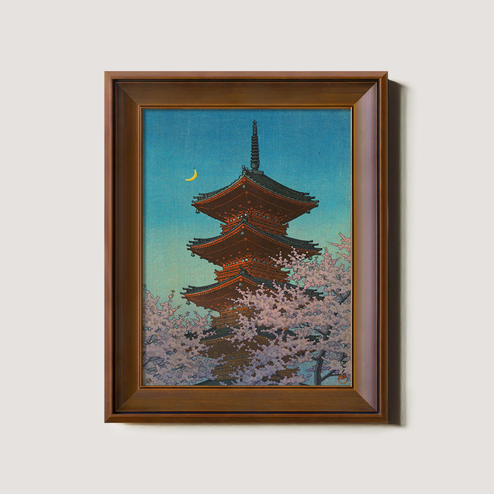 Pagoda under Crescent Moon and Cherry Blossoms