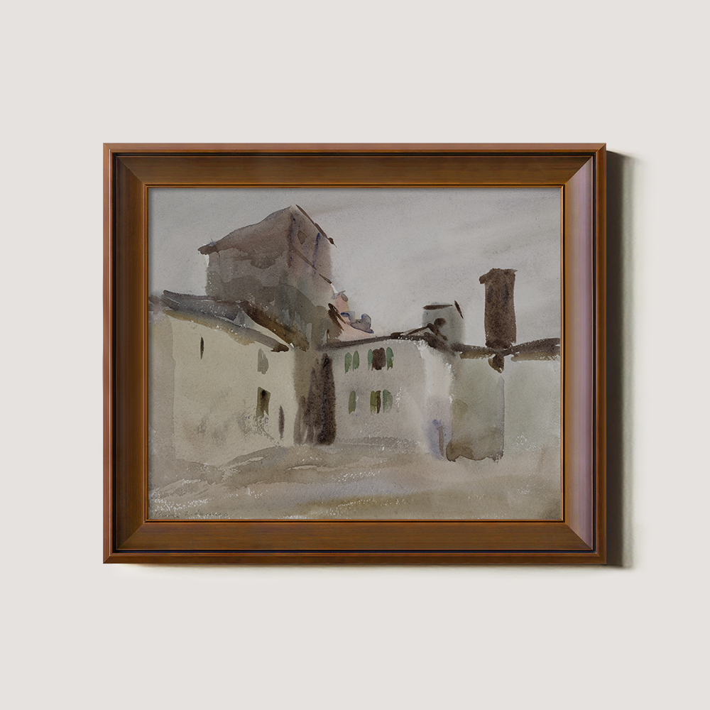 Rustic Tuscan Rooftops Watercolor Vignette