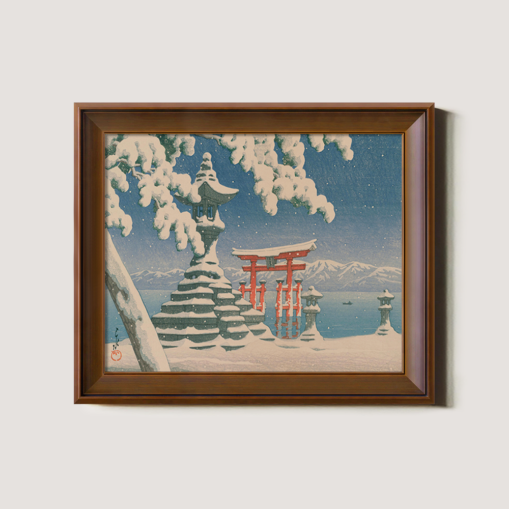 Winter View of Itsukushima Torii and Stone Lantern