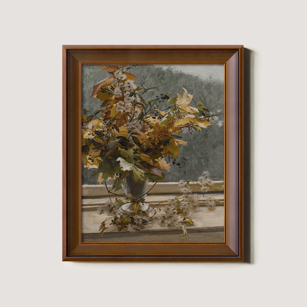 Autumnal Foliage Bouquet with Berries in Silver Urn