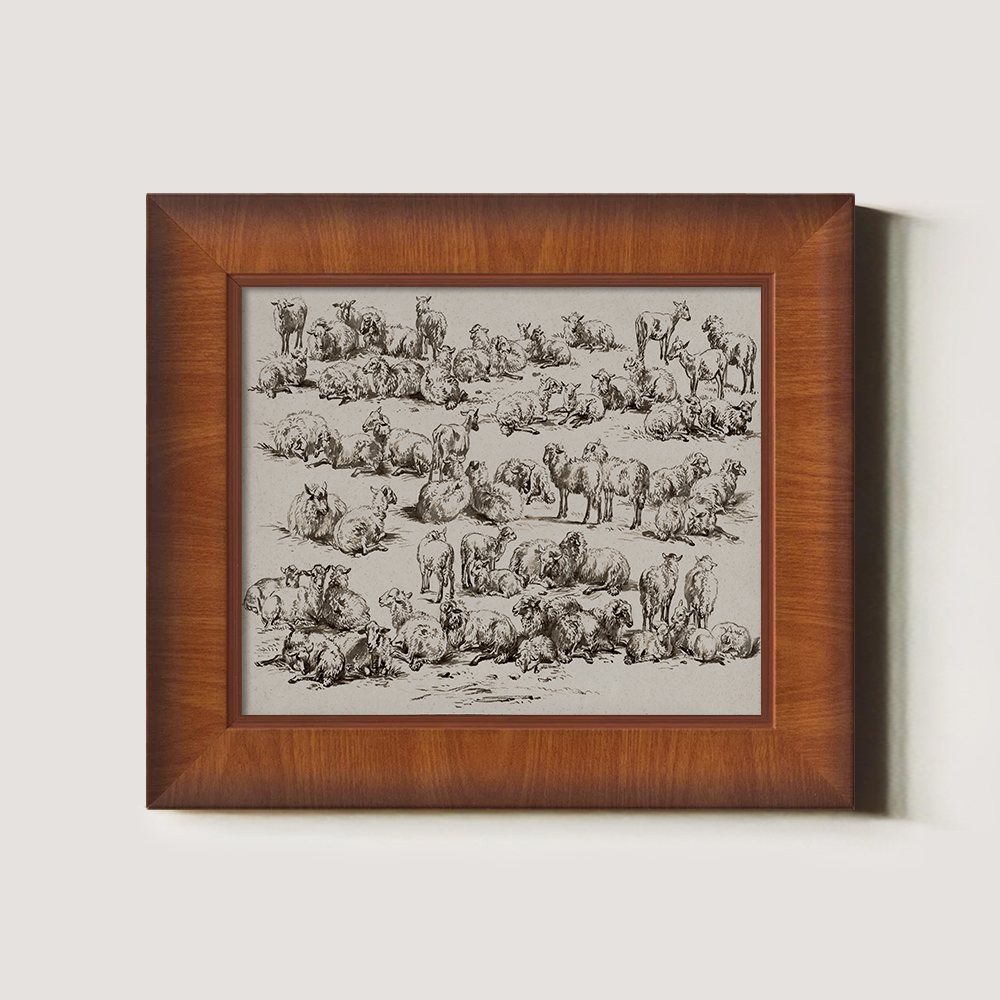 Whimsical Flock of Sheep Grazing in Sunlit Meadow Sketch