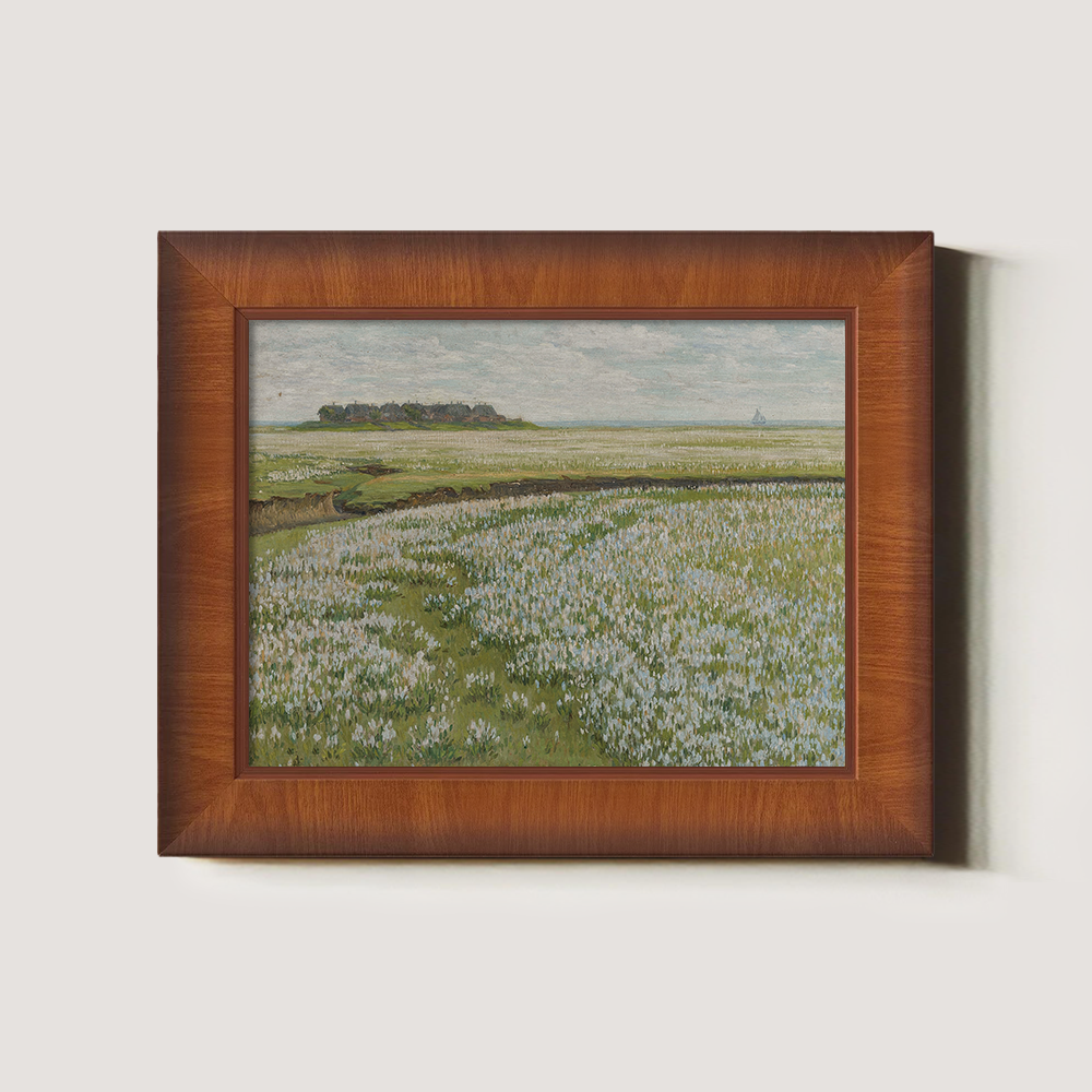 Coastal Wildflower Meadow with Distant Village and Sailboat