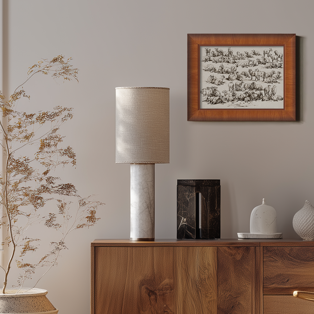 Whimsical Flock of Sheep Grazing in Sunlit Meadow Sketch