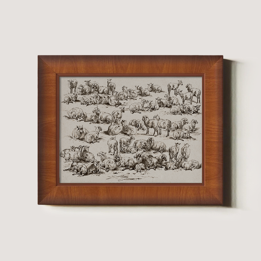 Whimsical Flock of Sheep Grazing in Sunlit Meadow Sketch