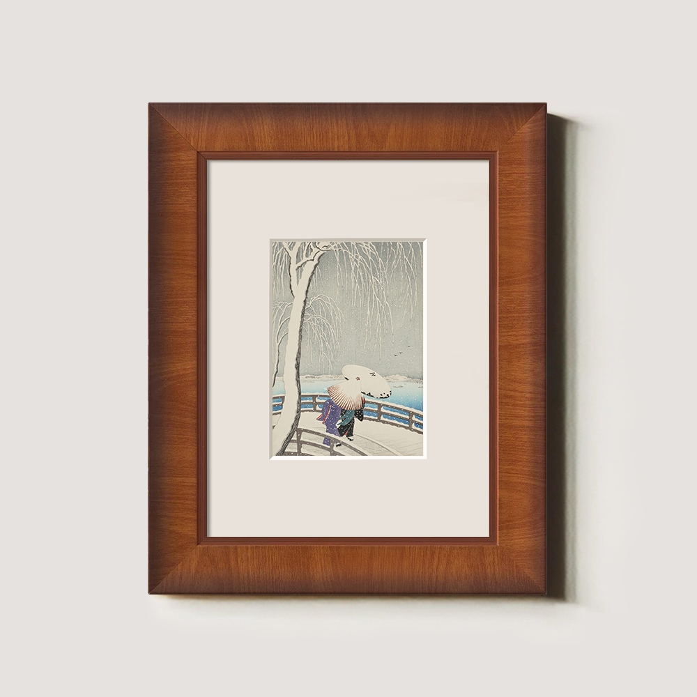 Woman Crossing a Snow-Covered Bridge