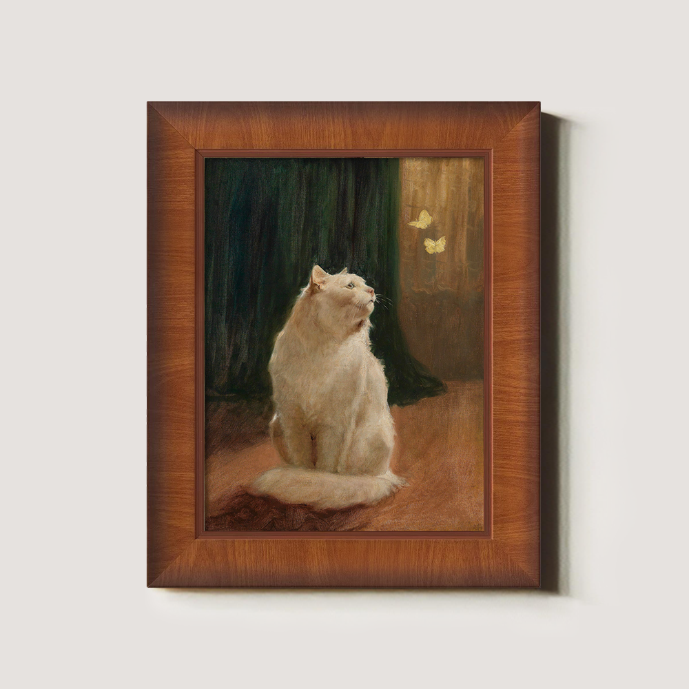 Mystical White Cat Enchanted by Golden Butterflies