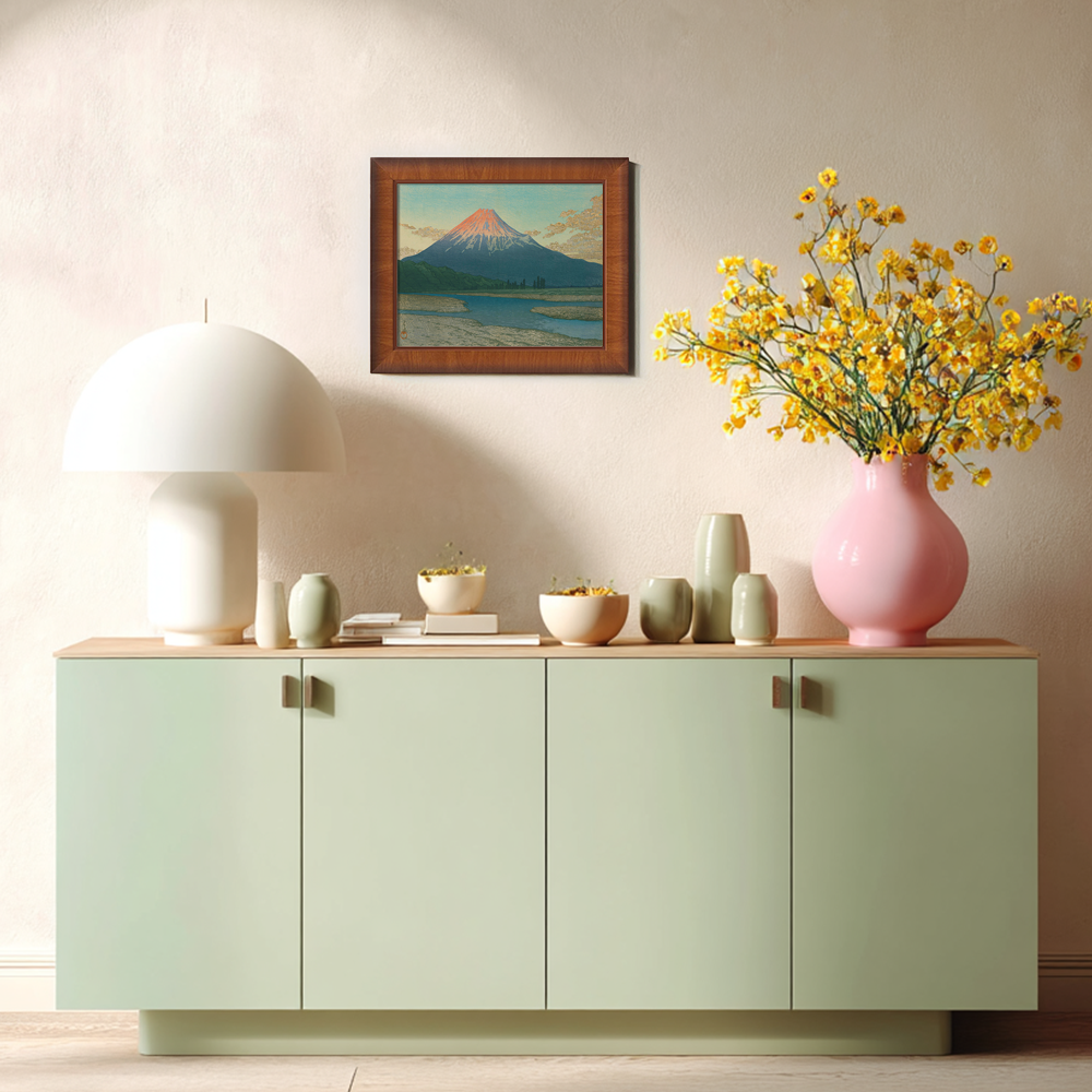 Red Fuji Over River and Marshland