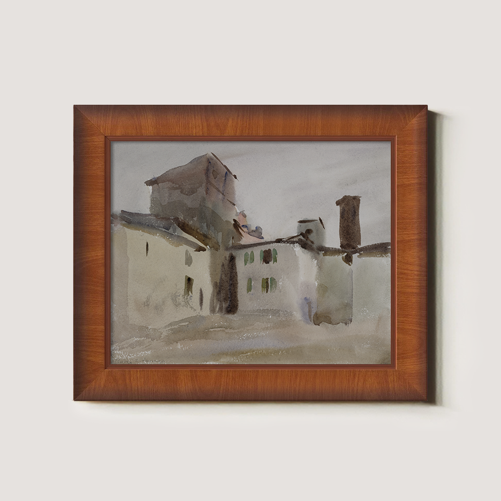Rustic Tuscan Rooftops Watercolor Vignette