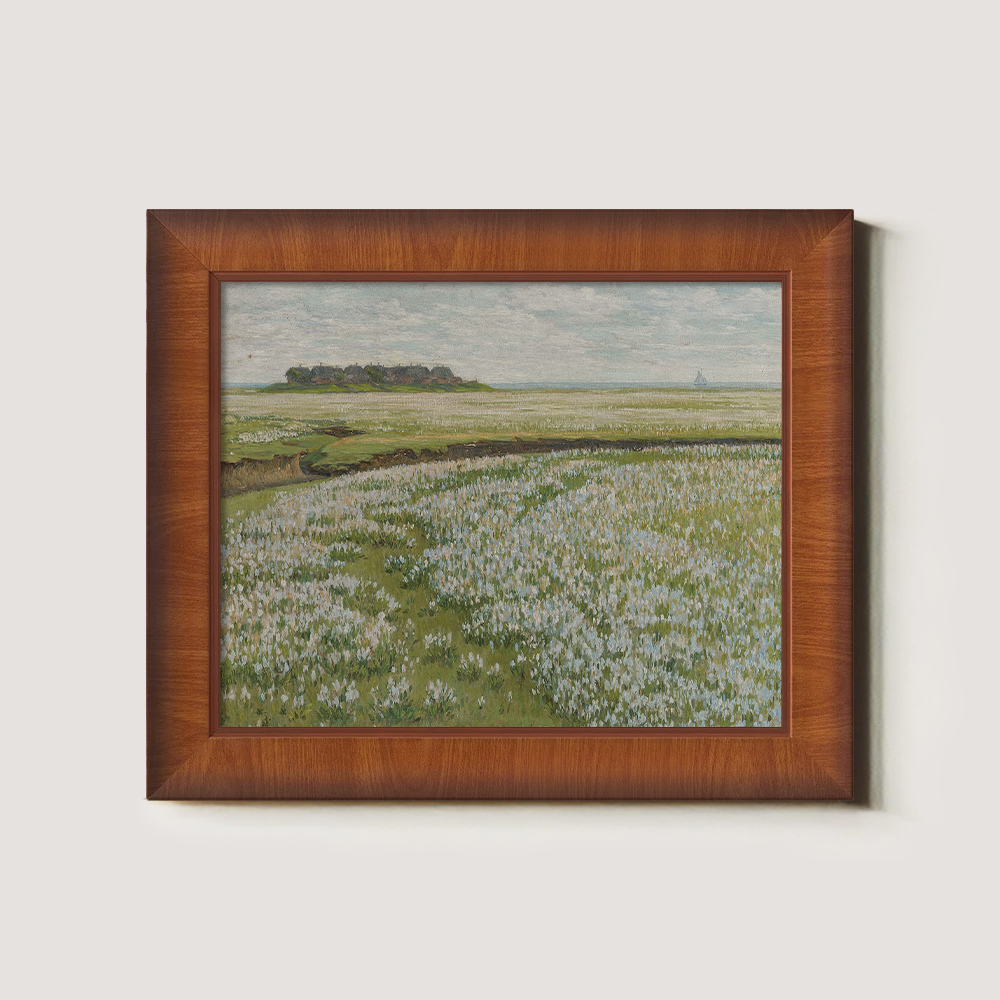 Coastal Wildflower Meadow with Distant Village and Sailboat