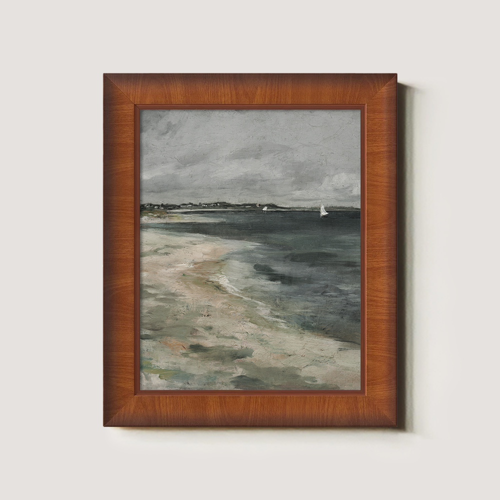 Misty Beach With A Small Sailboat
