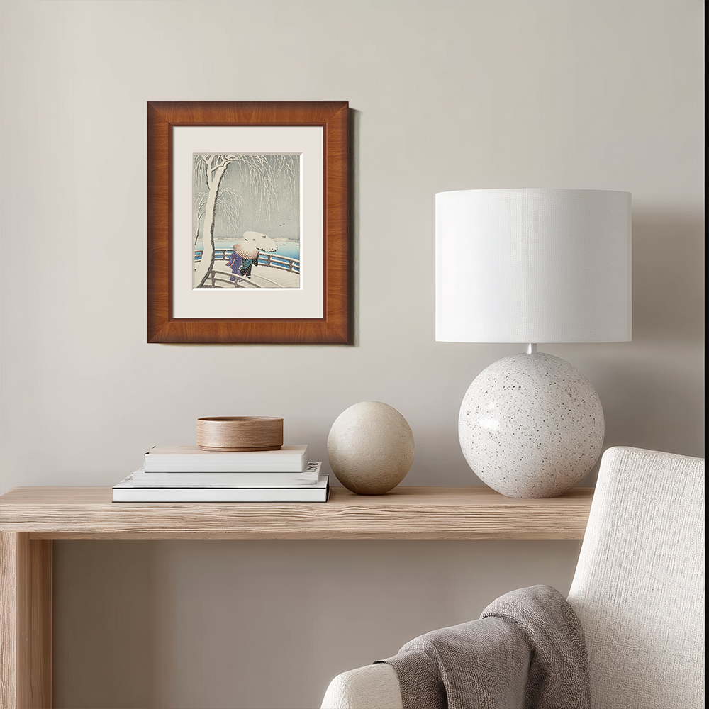 Woman Crossing a Snow-Covered Bridge