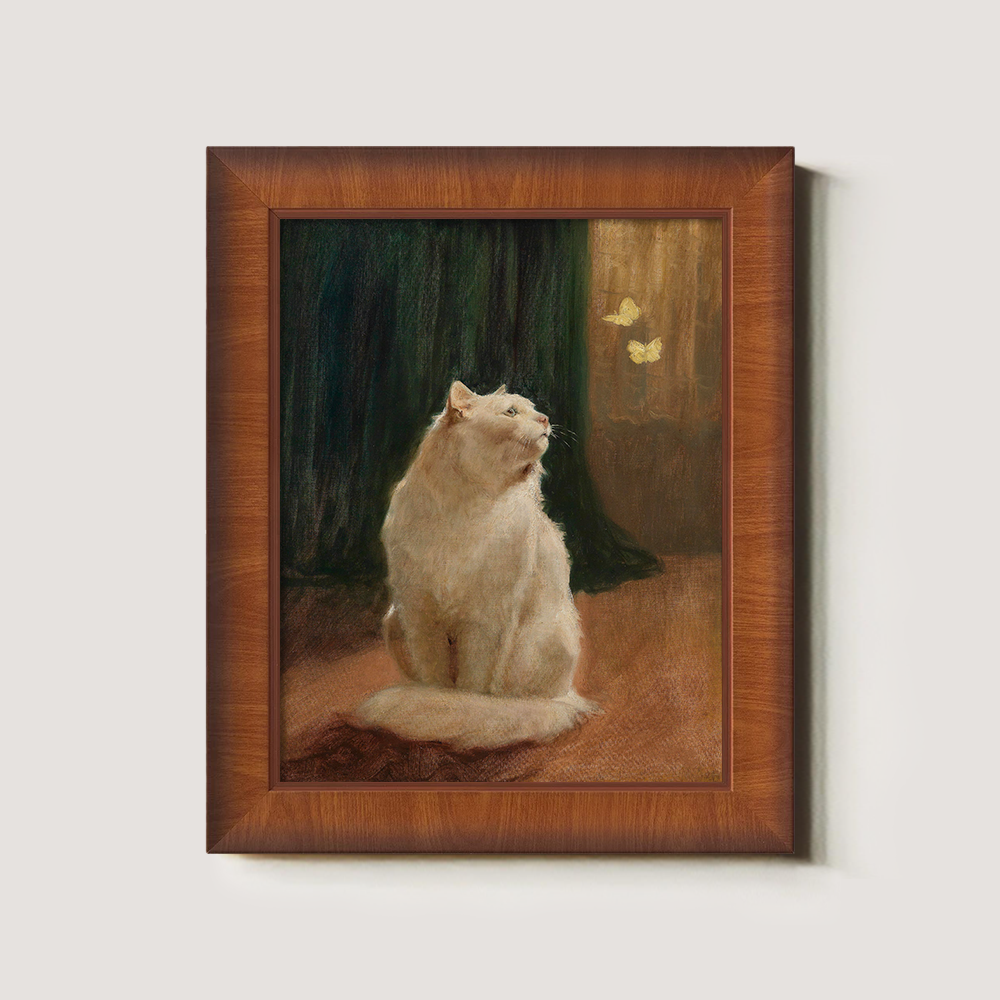 Mystical White Cat Enchanted by Golden Butterflies