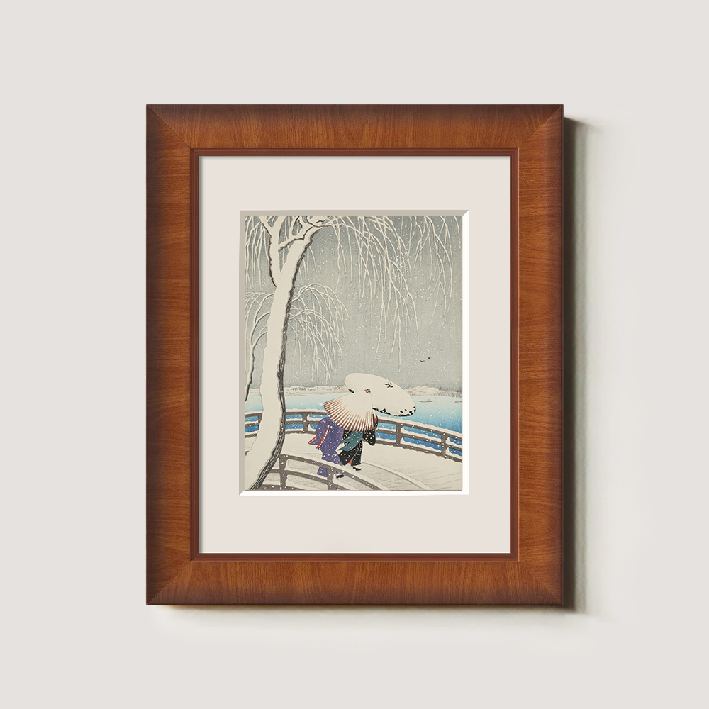 Woman Crossing a Snow-Covered Bridge