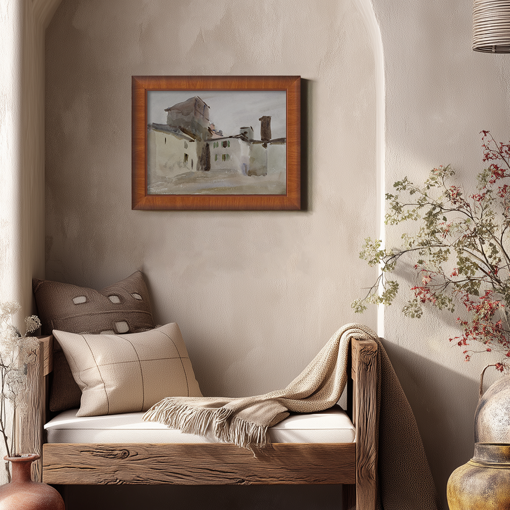 Rustic Tuscan Rooftops Watercolor Vignette