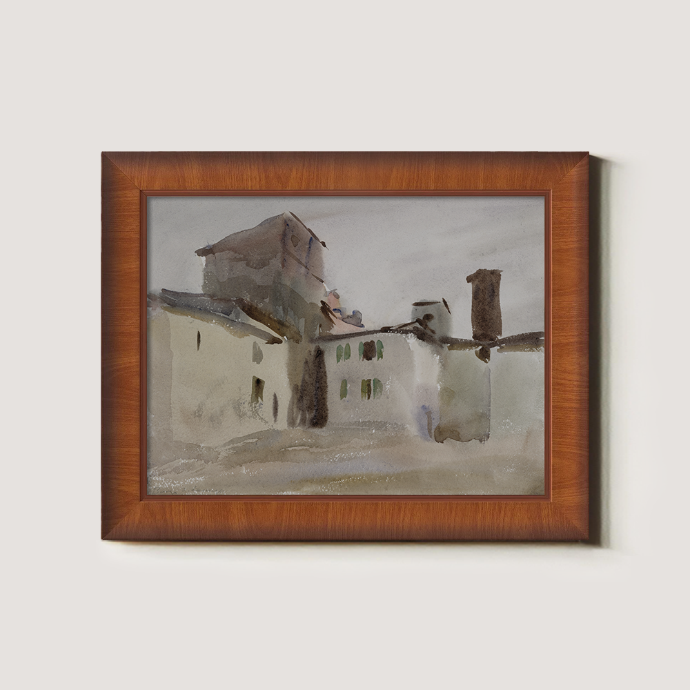 Rustic Tuscan Rooftops Watercolor Vignette