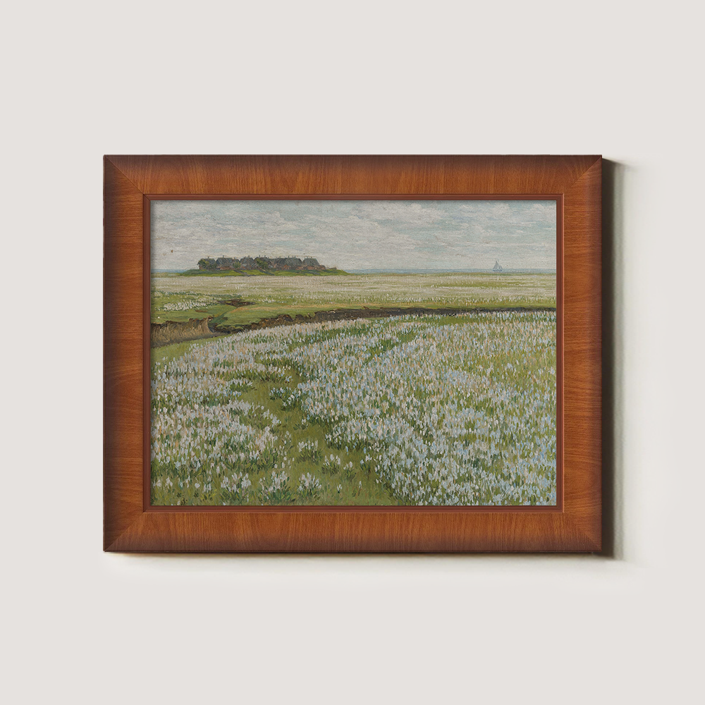 Coastal Wildflower Meadow with Distant Village and Sailboat