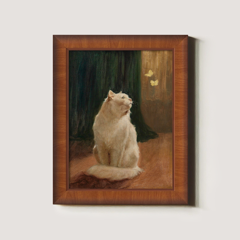 Mystical White Cat Enchanted by Golden Butterflies