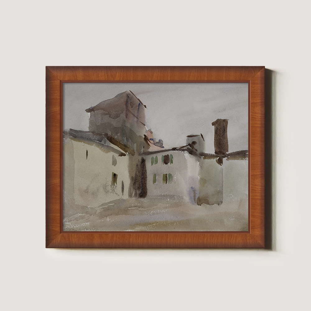 Rustic Tuscan Rooftops Watercolor Vignette