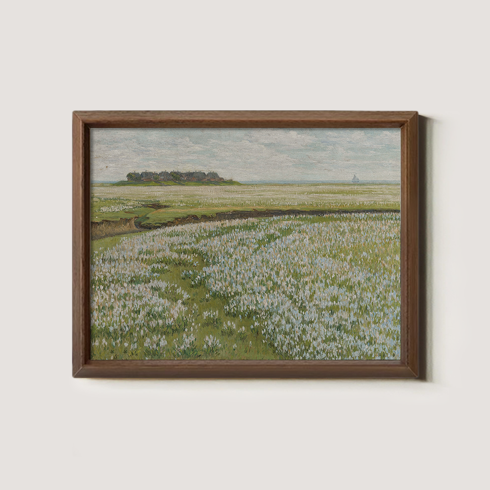 Coastal Wildflower Meadow with Distant Village and Sailboat
