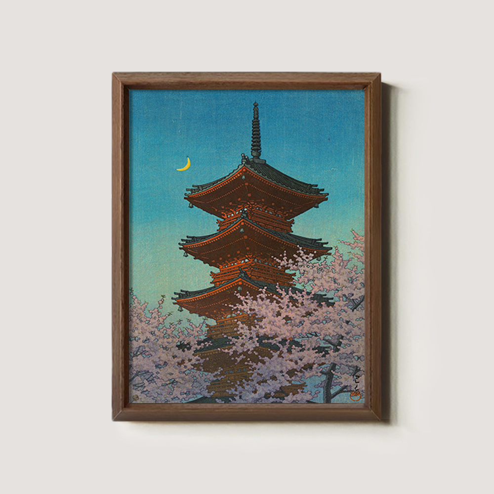 Pagoda under Crescent Moon and Cherry Blossoms