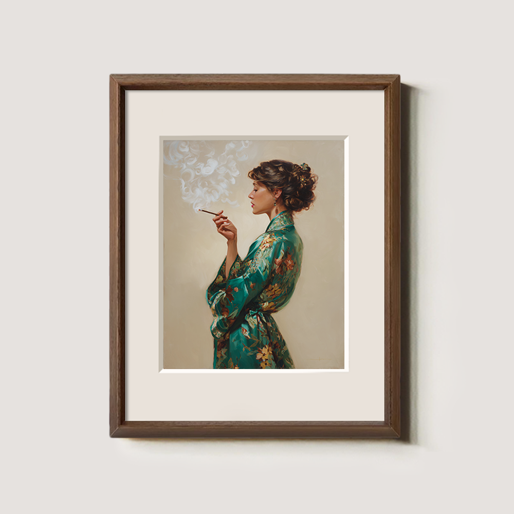 Enigmatic Emerald Robe Smoker Watercolor Portrait