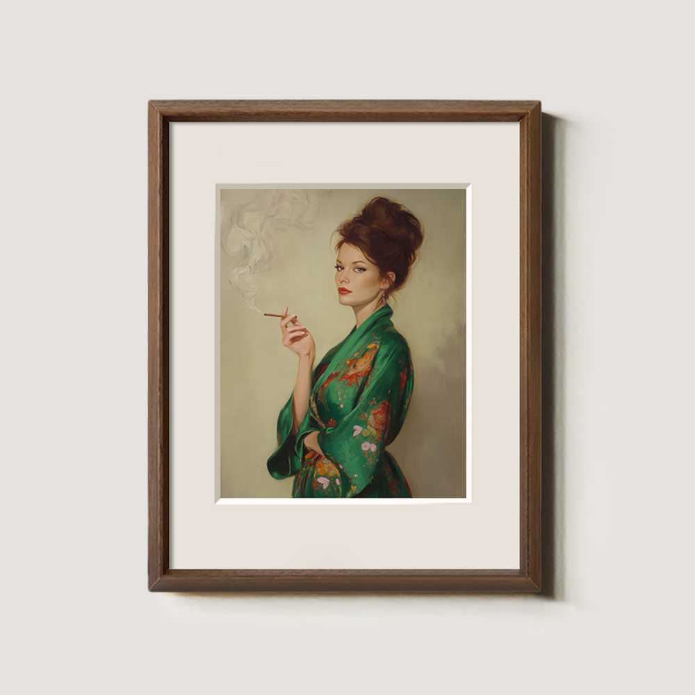 Veiled Jade Kimono Muse Watercolor Portrait