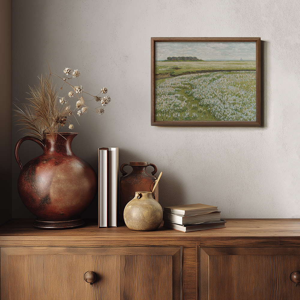 Coastal Wildflower Meadow with Distant Village and Sailboat