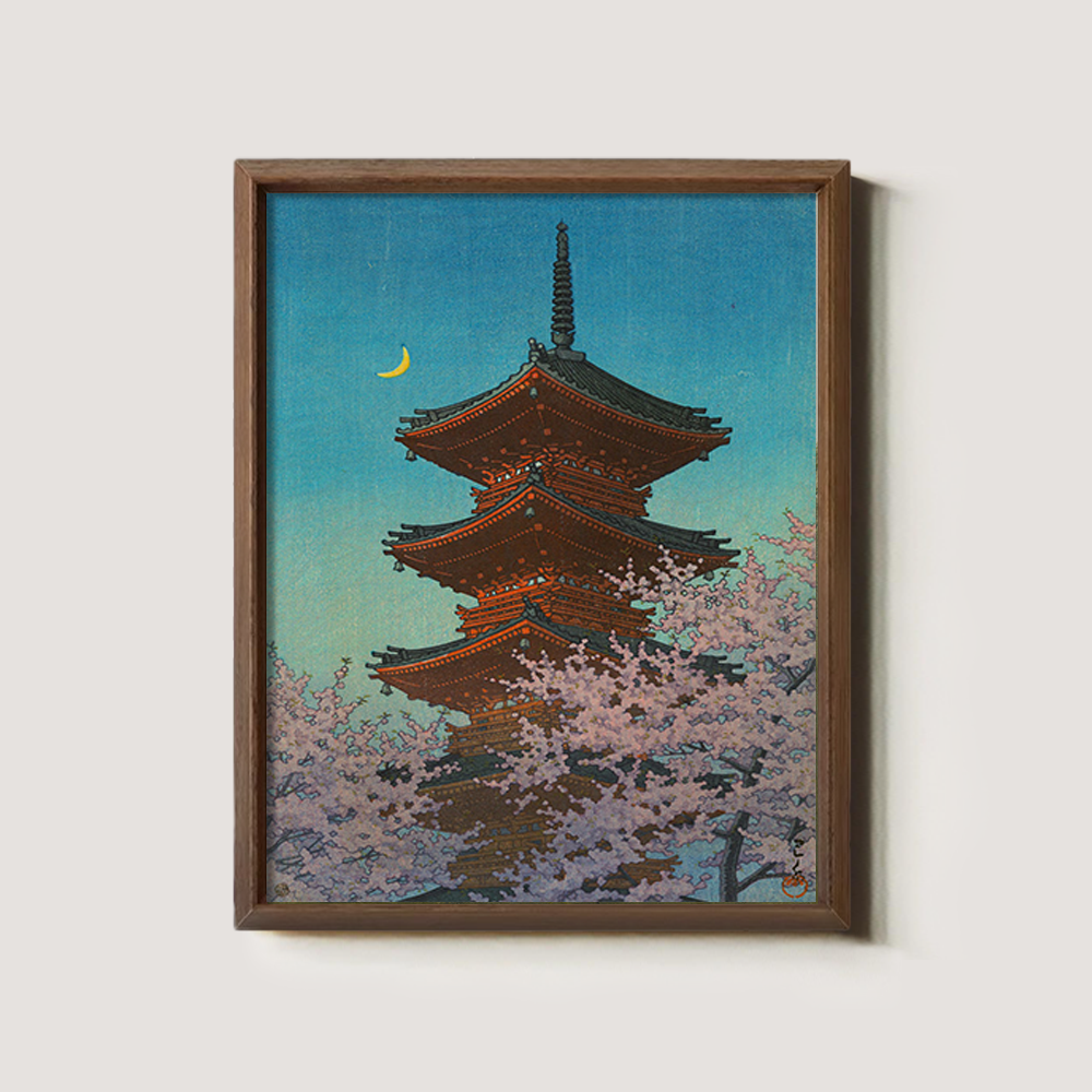 Pagoda under Crescent Moon and Cherry Blossoms