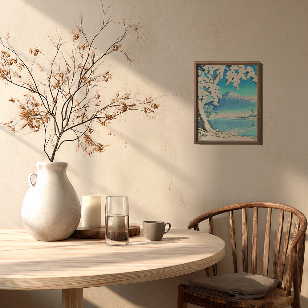 Snowy Tree Framing Mount Fuji across Lake