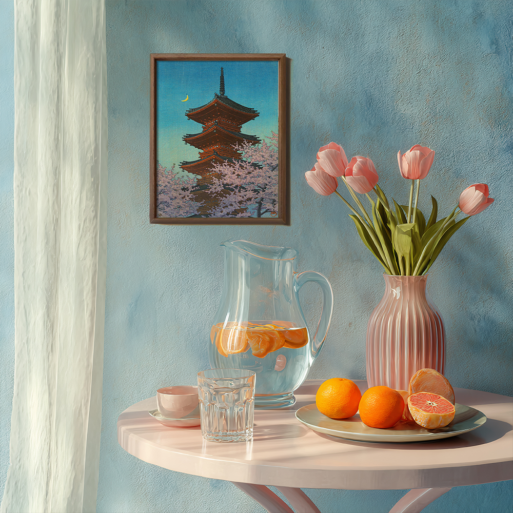 Pagoda under Crescent Moon and Cherry Blossoms