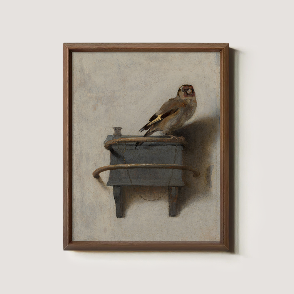 Perched Goldfinch on Ornate Wooden Shelf