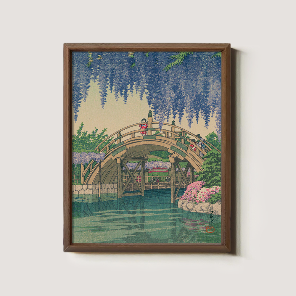 Wisteria Blossoms over Curved Drum Bridge