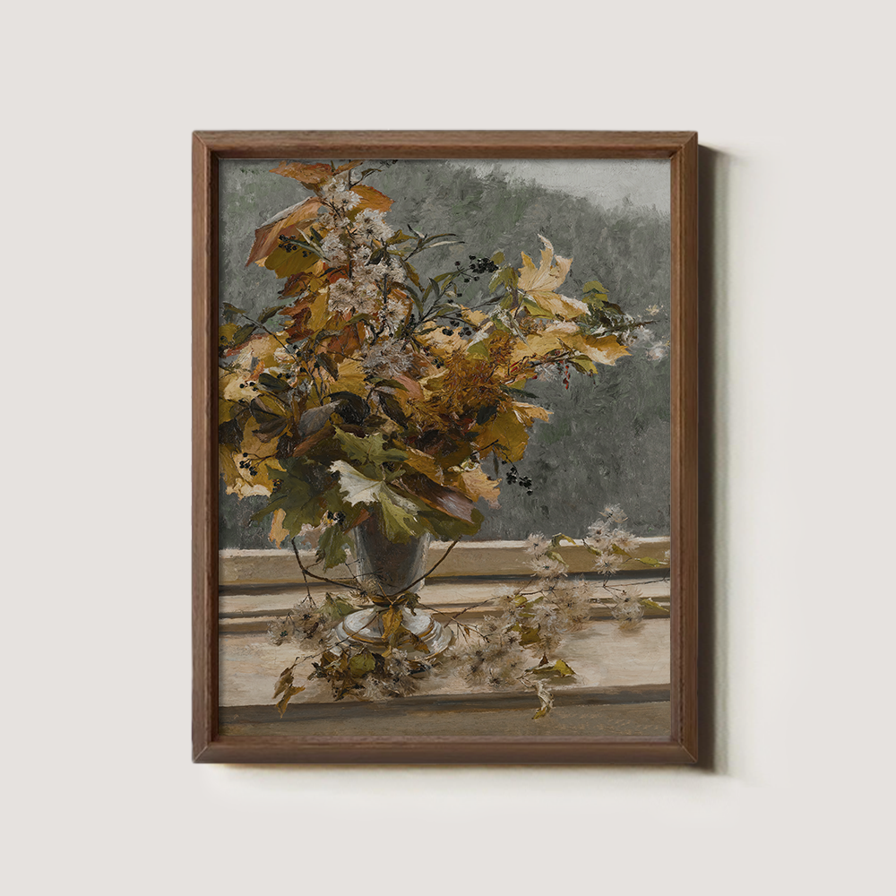 Autumnal Foliage Bouquet with Berries in Silver Urn