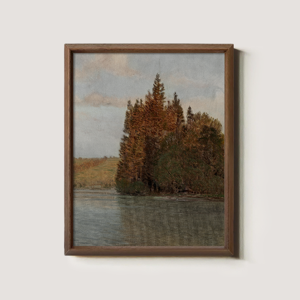 Serene Autumn Pine Lakeside Watercolor Reverie