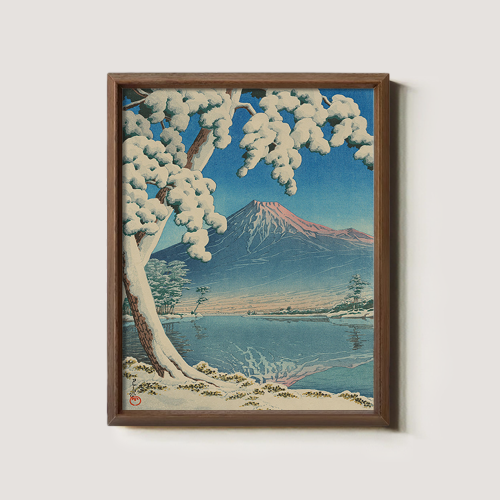Snowy Tree Framing Mount Fuji across Lake