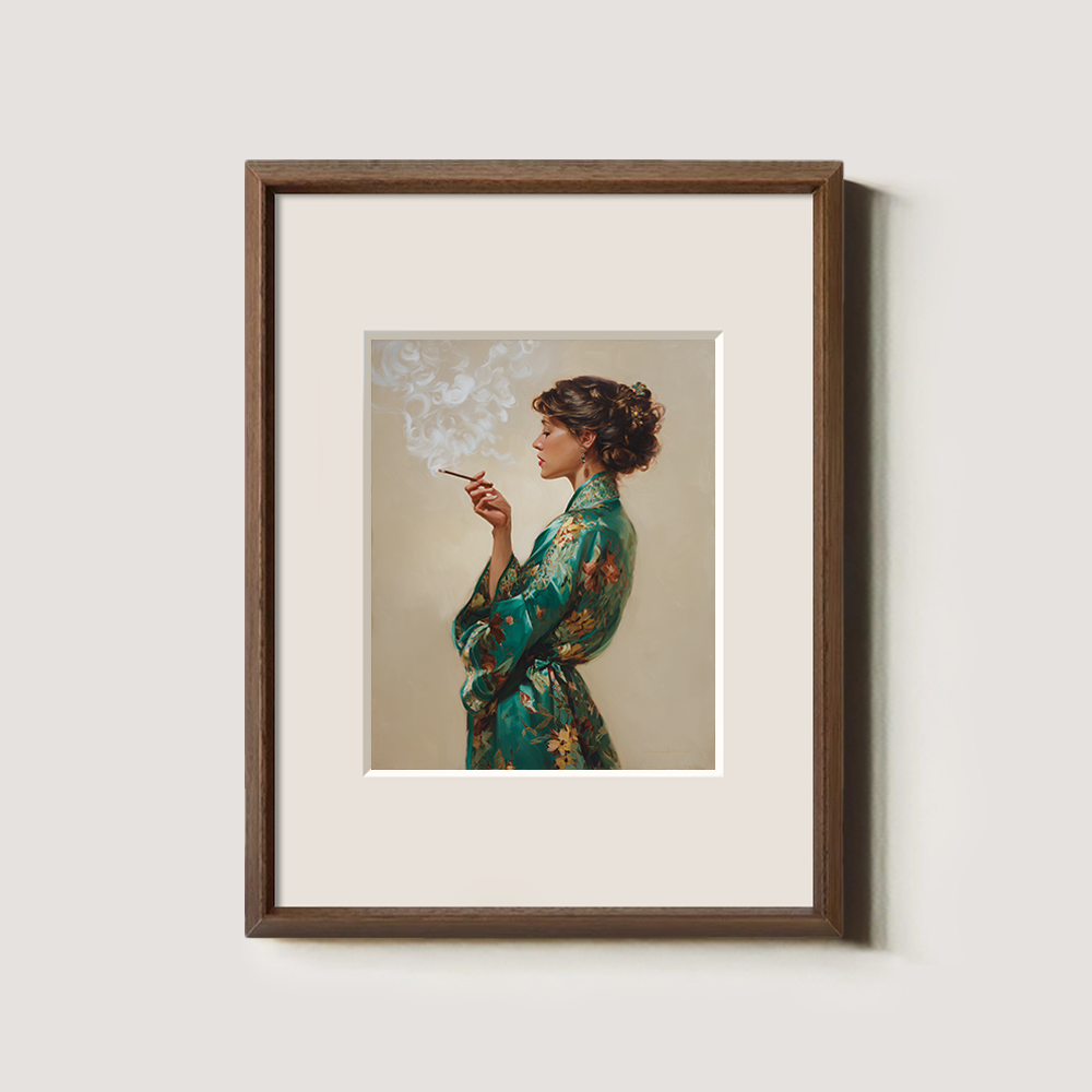 Enigmatic Emerald Robe Smoker Watercolor Portrait