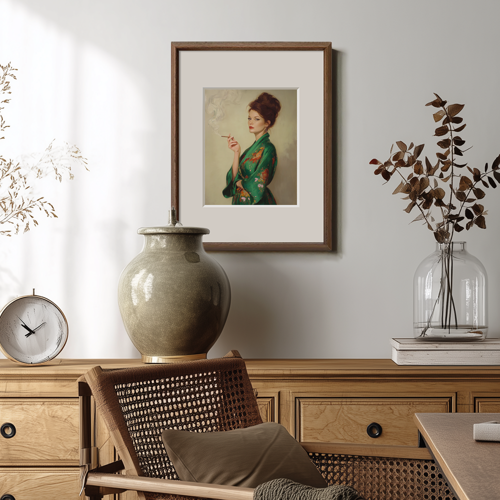 Veiled Jade Kimono Muse Watercolor Portrait