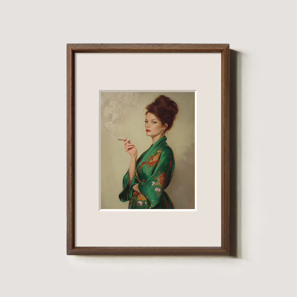 Veiled Jade Kimono Muse Watercolor Portrait